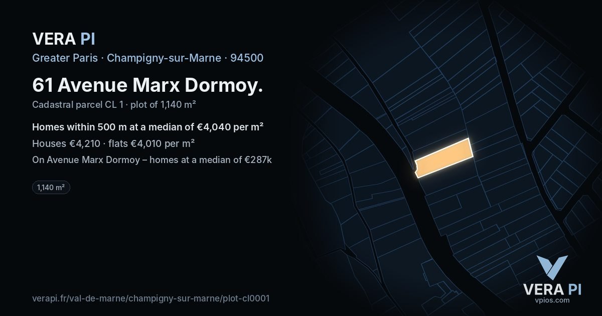 61 Avenue Marx Dormoy, Champigny-sur-Marne at night – the plot lit, the parcels around coloured by the prices near them