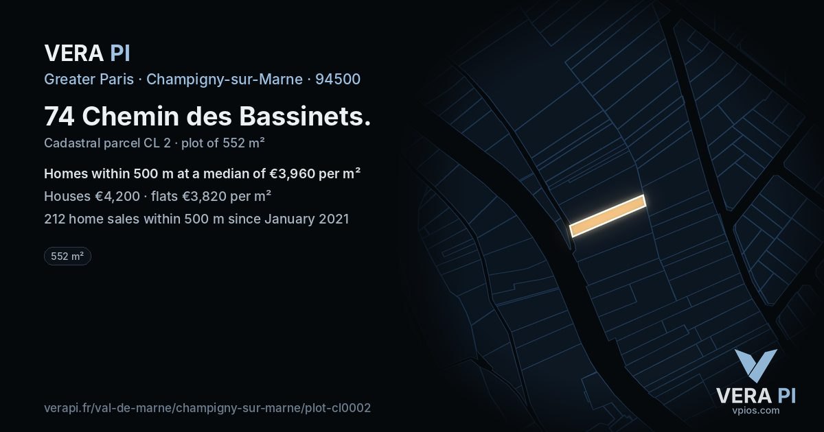 74 Chemin des Bassinets, Champigny-sur-Marne at night – the plot lit, the parcels around coloured by the prices near them
