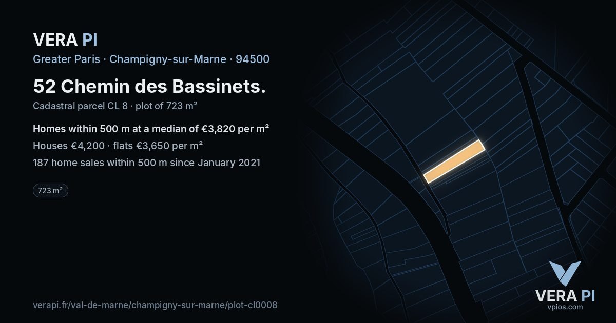 52 Chemin des Bassinets, Champigny-sur-Marne at night – the plot lit, the parcels around coloured by the prices near them