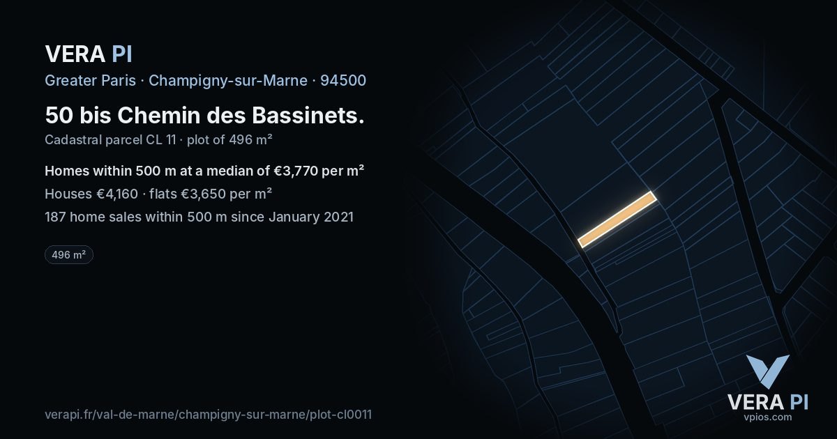 50 bis Chemin des Bassinets, Champigny-sur-Marne at night – the plot lit, the parcels around coloured by the prices near them