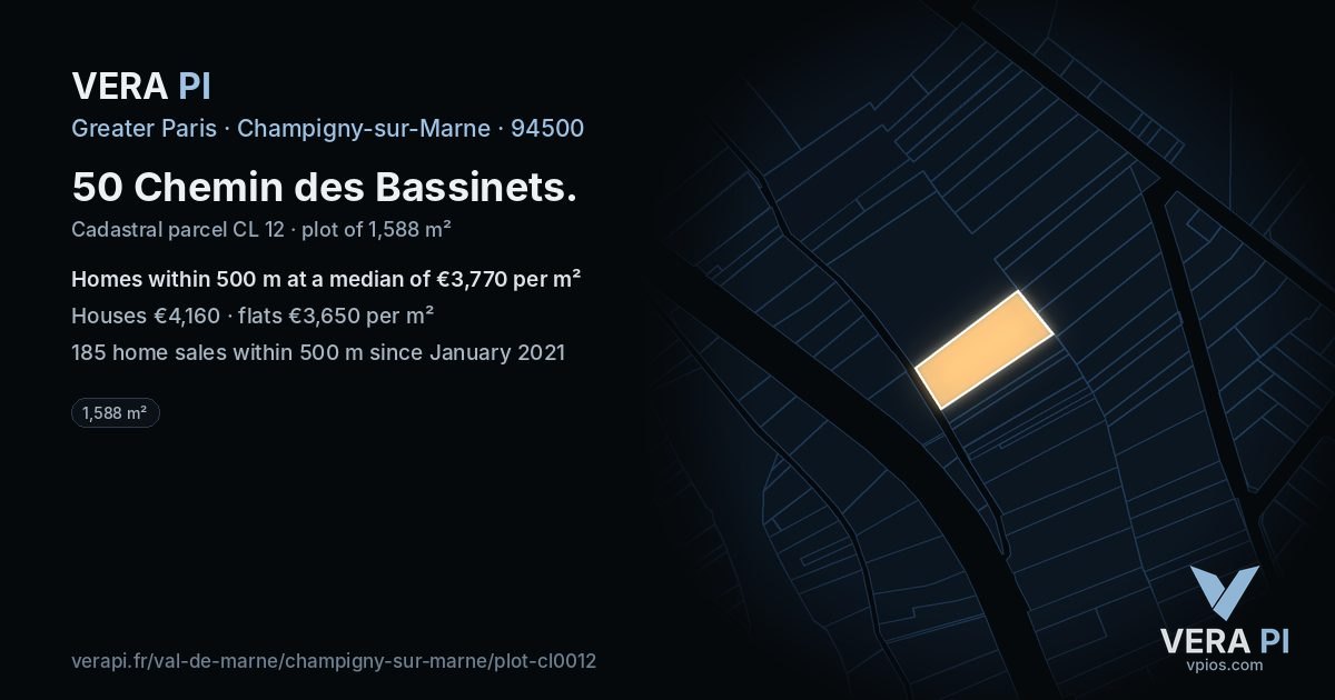 50 Chemin des Bassinets, Champigny-sur-Marne at night – the plot lit, the parcels around coloured by the prices near them