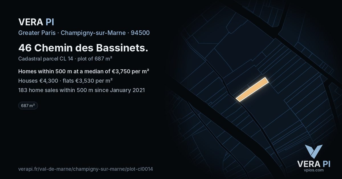 46 Chemin des Bassinets, Champigny-sur-Marne at night – the plot lit, the parcels around coloured by the prices near them