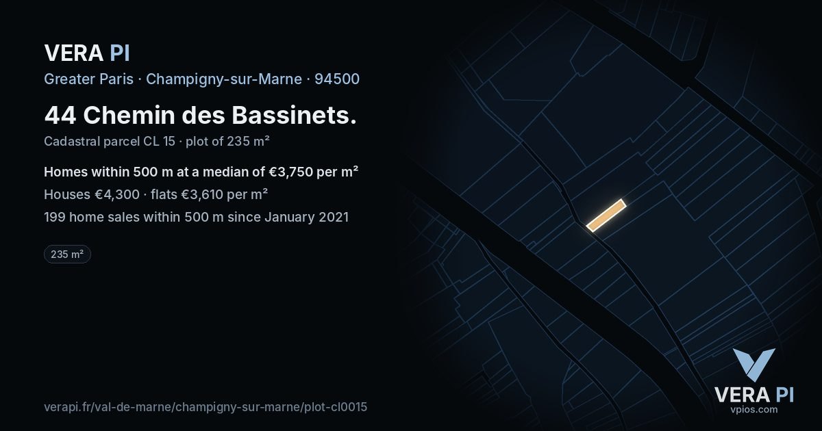 44 Chemin des Bassinets, Champigny-sur-Marne at night – the plot lit, the parcels around coloured by the prices near them
