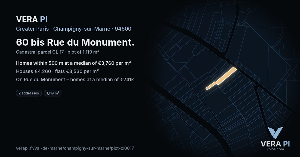 60 bis Rue du Monument, Champigny-sur-Marne at night – the plot lit, the parcels around coloured by the prices near them