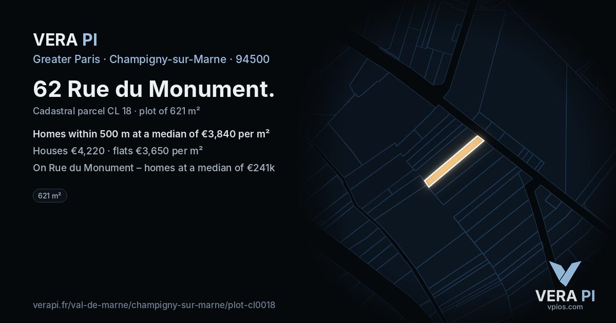 62 Rue du Monument, Champigny-sur-Marne at night – the plot lit, the parcels around coloured by the prices near them