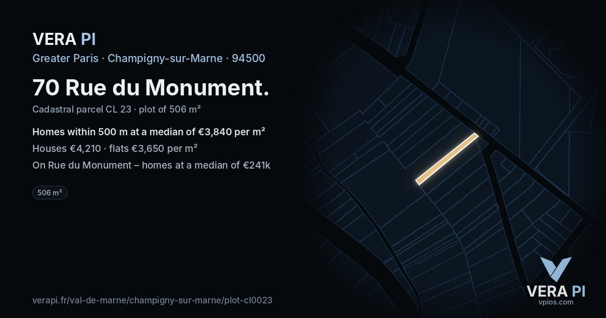 70 Rue du Monument, Champigny-sur-Marne at night – the plot lit, the parcels around coloured by the prices near them