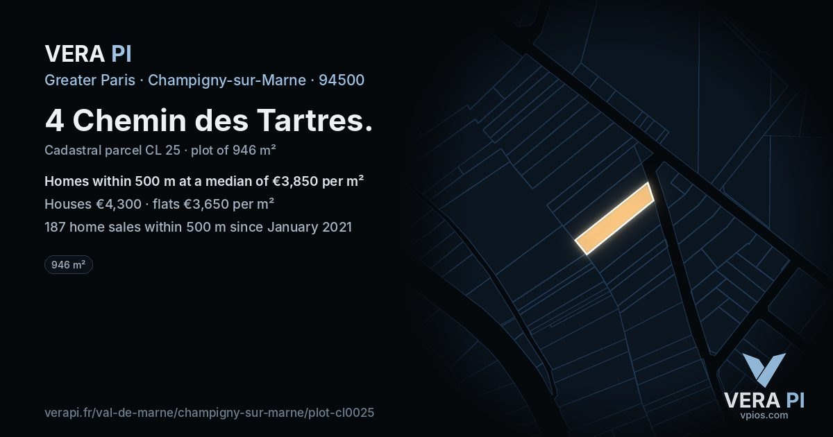 4 Chemin des Tartres, Champigny-sur-Marne at night – the plot lit, the parcels around coloured by the prices near them