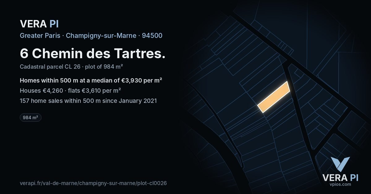 6 Chemin des Tartres, Champigny-sur-Marne at night – the plot lit, the parcels around coloured by the prices near them