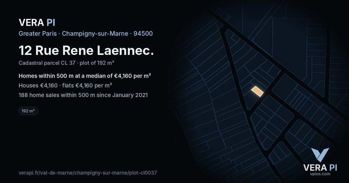 12 Rue Rene Laennec, Champigny-sur-Marne at night – the plot lit, the parcels around coloured by the prices near them