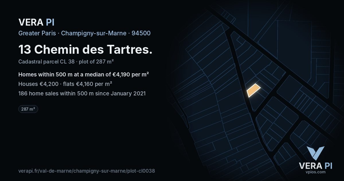 13 Chemin des Tartres, Champigny-sur-Marne at night – the plot lit, the parcels around coloured by the prices near them