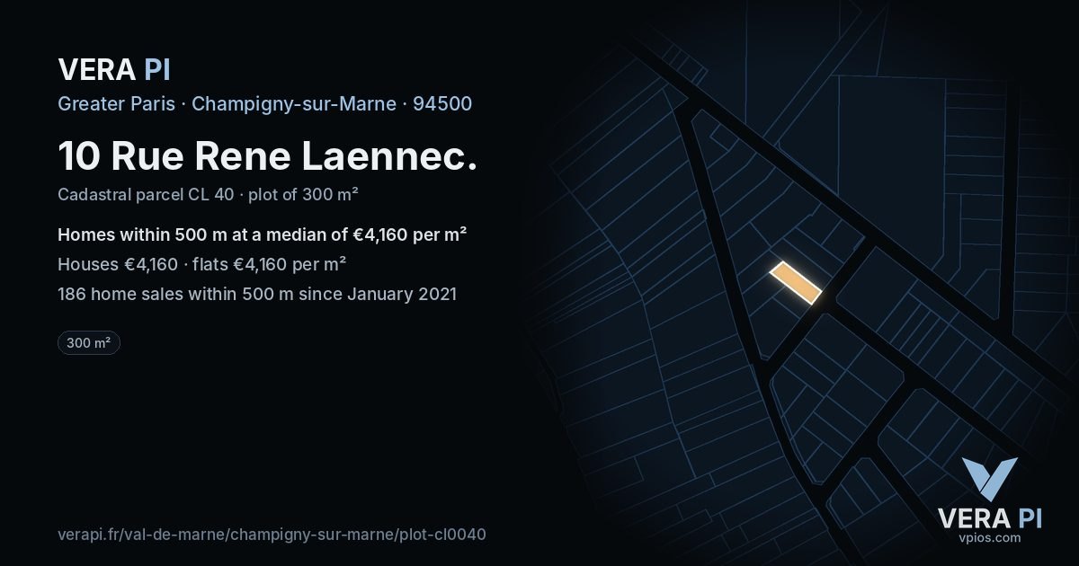 10 Rue Rene Laennec, Champigny-sur-Marne at night – the plot lit, the parcels around coloured by the prices near them
