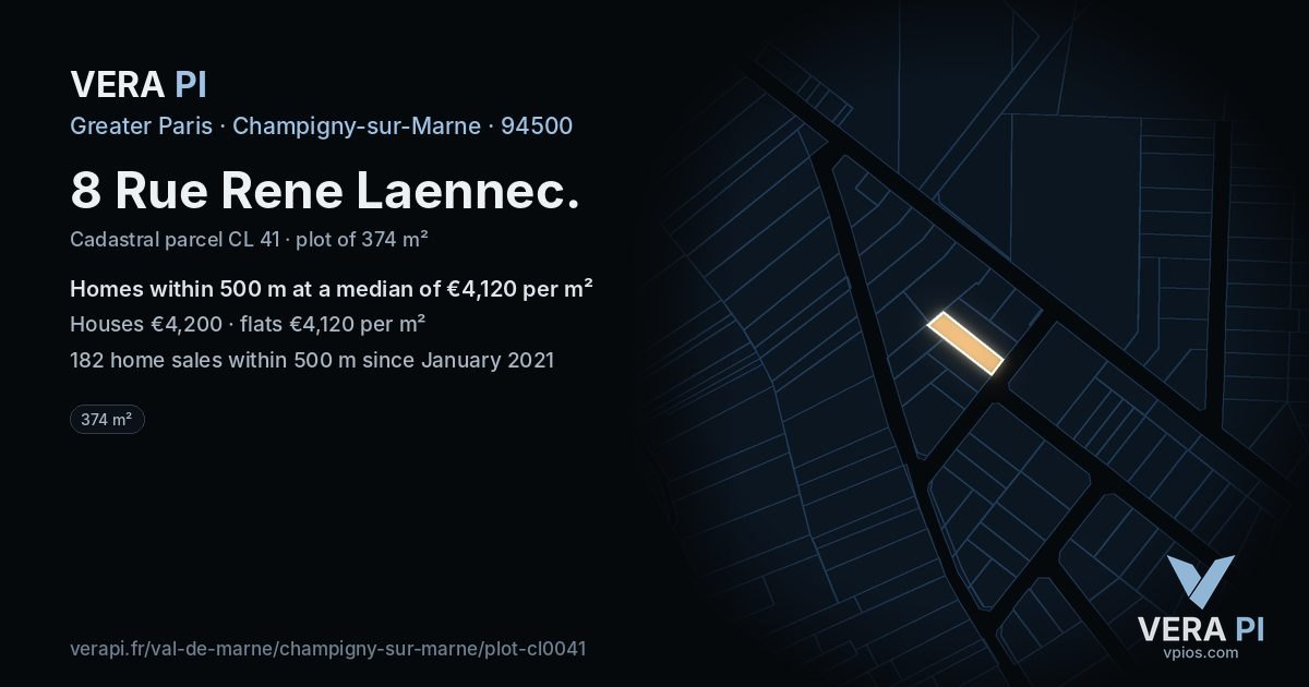 8 Rue Rene Laennec, Champigny-sur-Marne at night – the plot lit, the parcels around coloured by the prices near them