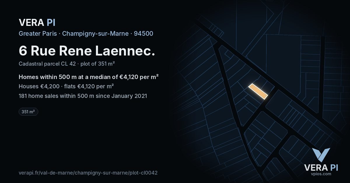 6 Rue Rene Laennec, Champigny-sur-Marne at night – the plot lit, the parcels around coloured by the prices near them