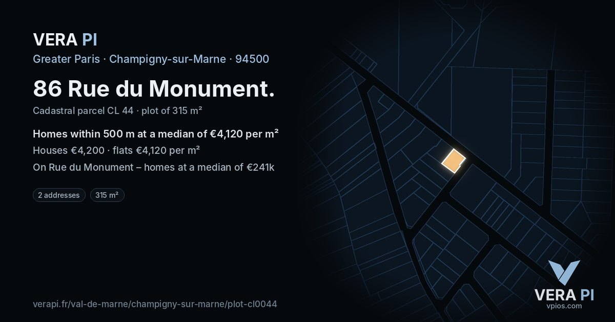 86 Rue du Monument, Champigny-sur-Marne at night – the plot lit, the parcels around coloured by the prices near them