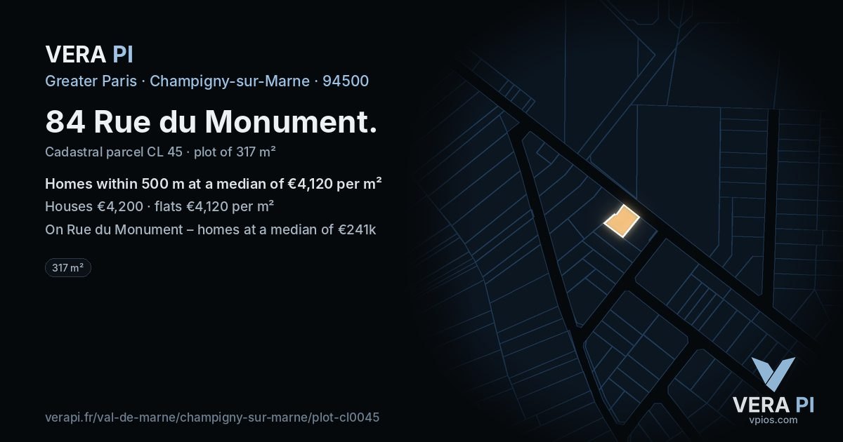 84 Rue du Monument, Champigny-sur-Marne at night – the plot lit, the parcels around coloured by the prices near them