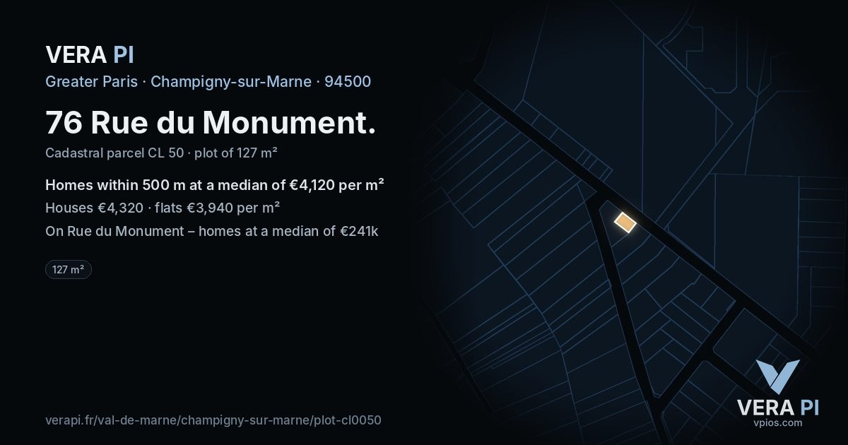 76 Rue du Monument, Champigny-sur-Marne at night – the plot lit, the parcels around coloured by the prices near them