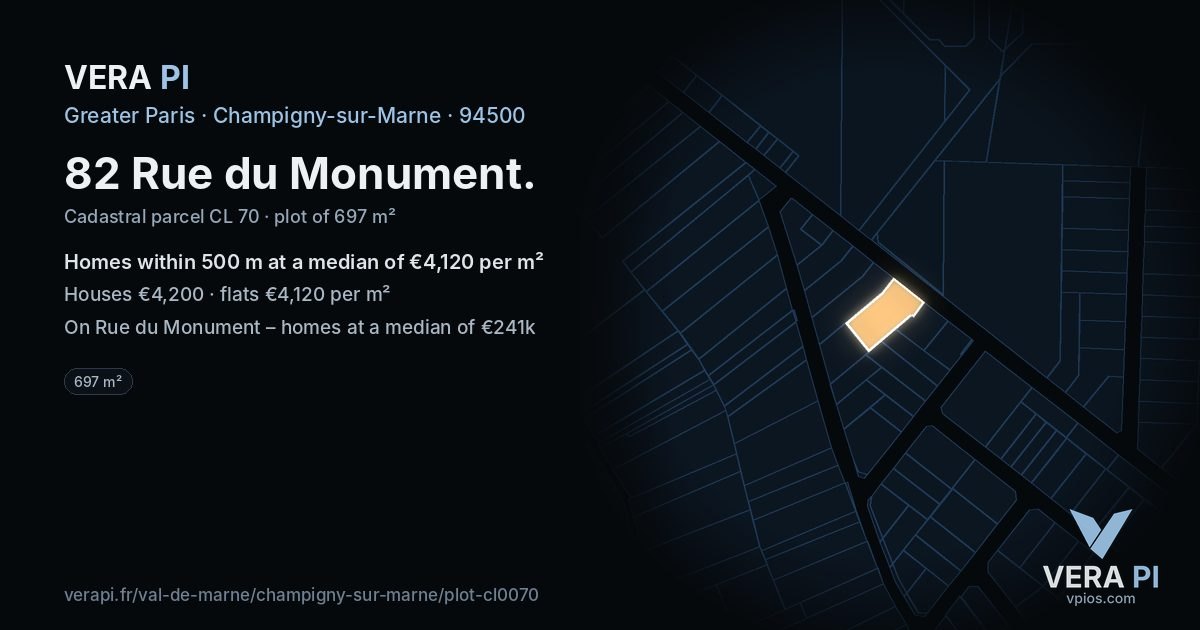 82 Rue du Monument, Champigny-sur-Marne at night – the plot lit, the parcels around coloured by the prices near them
