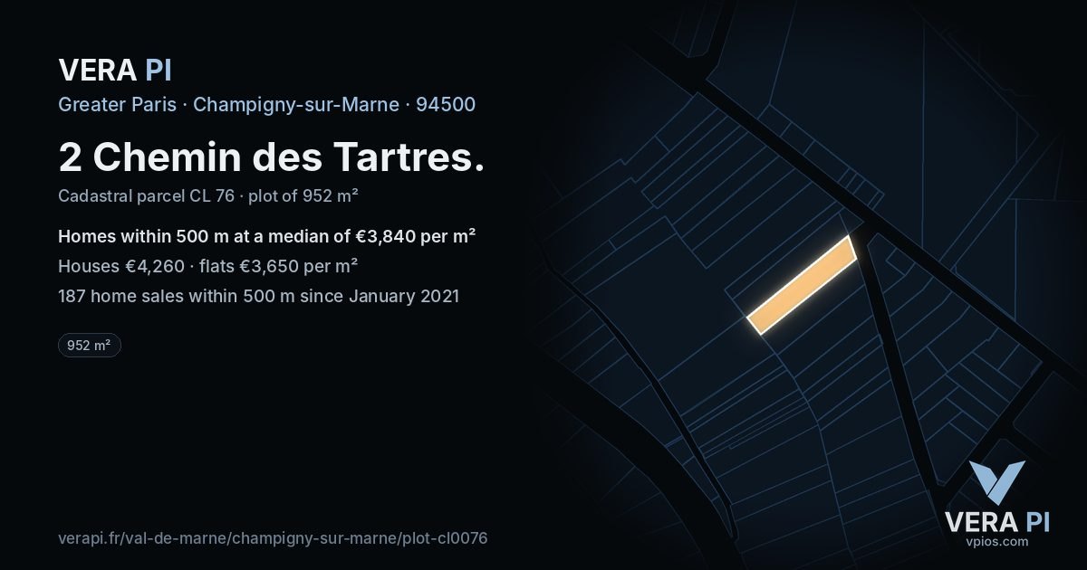 2 Chemin des Tartres, Champigny-sur-Marne at night – the plot lit, the parcels around coloured by the prices near them