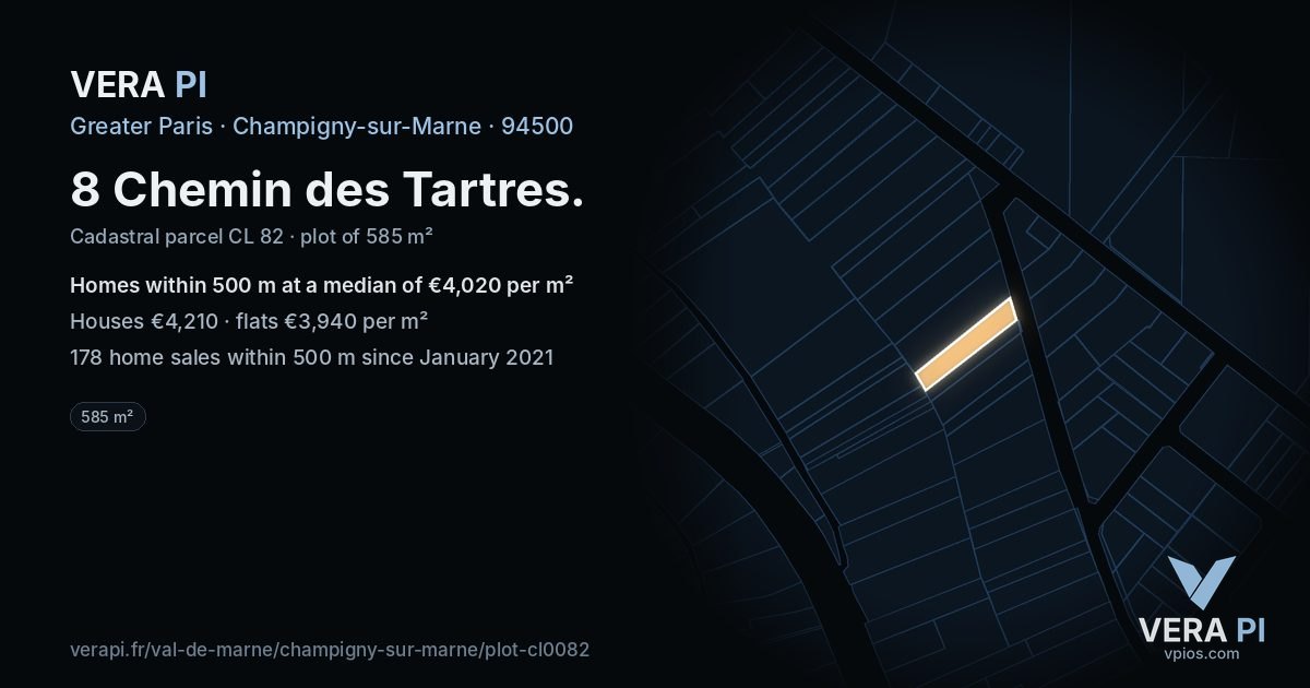 8 Chemin des Tartres, Champigny-sur-Marne at night – the plot lit, the parcels around coloured by the prices near them