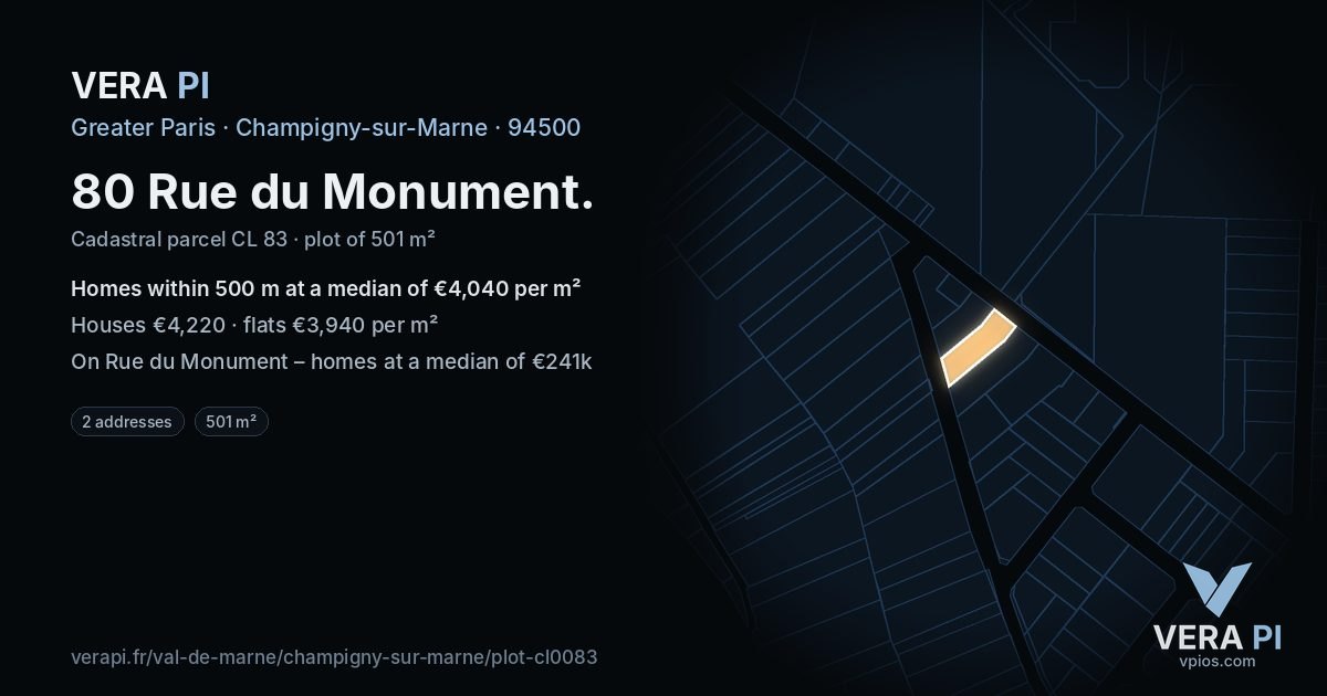 80 Rue du Monument, Champigny-sur-Marne at night – the plot lit, the parcels around coloured by the prices near them