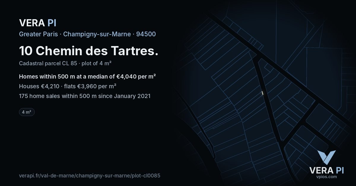 10 Chemin des Tartres, Champigny-sur-Marne at night – the plot lit, the parcels around coloured by the prices near them