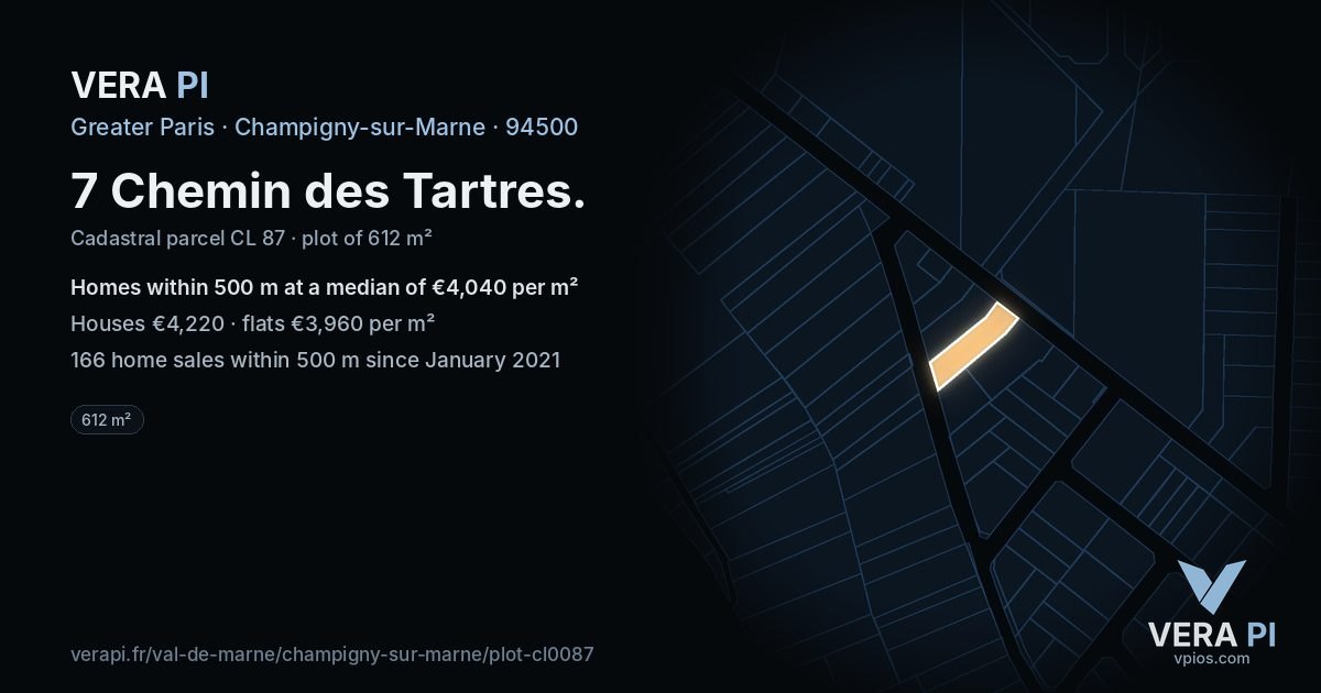 7 Chemin des Tartres, Champigny-sur-Marne at night – the plot lit, the parcels around coloured by the prices near them