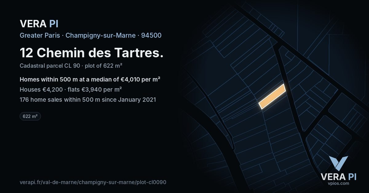 12 Chemin des Tartres, Champigny-sur-Marne at night – the plot lit, the parcels around coloured by the prices near them