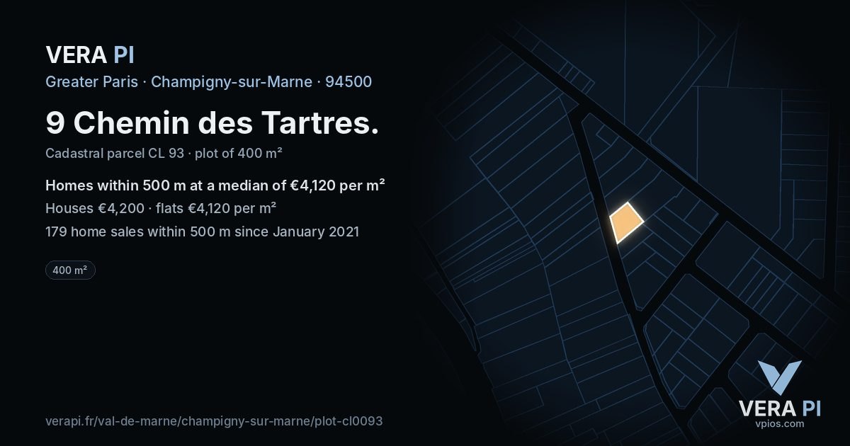 9 Chemin des Tartres, Champigny-sur-Marne at night – the plot lit, the parcels around coloured by the prices near them