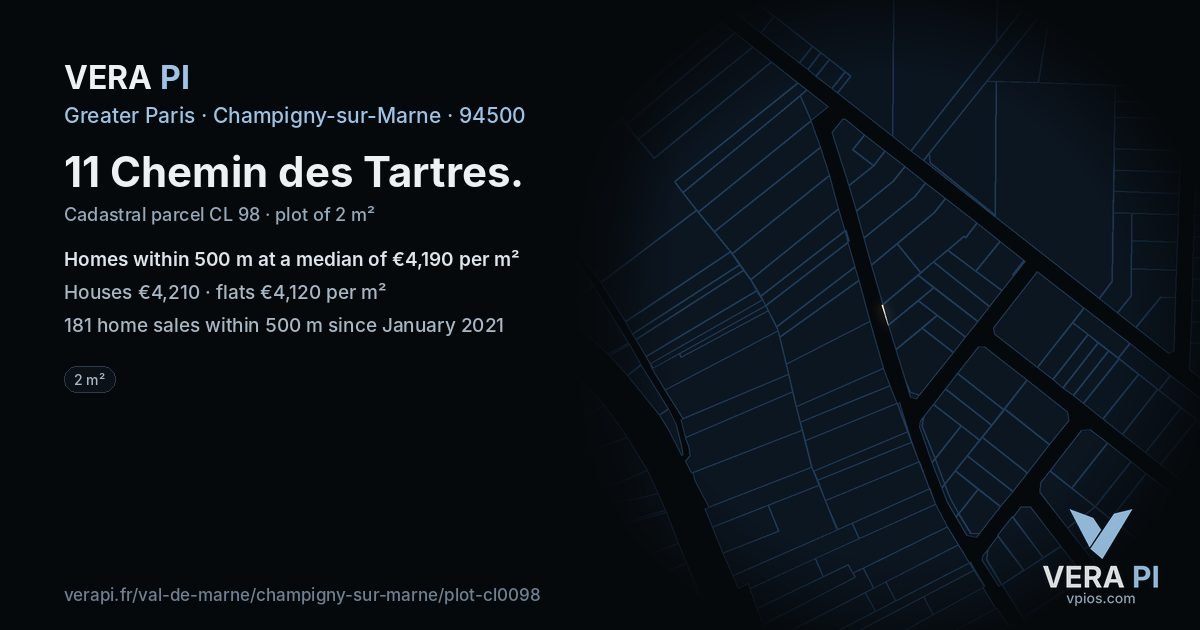 11 Chemin des Tartres, Champigny-sur-Marne at night – the plot lit, the parcels around coloured by the prices near them