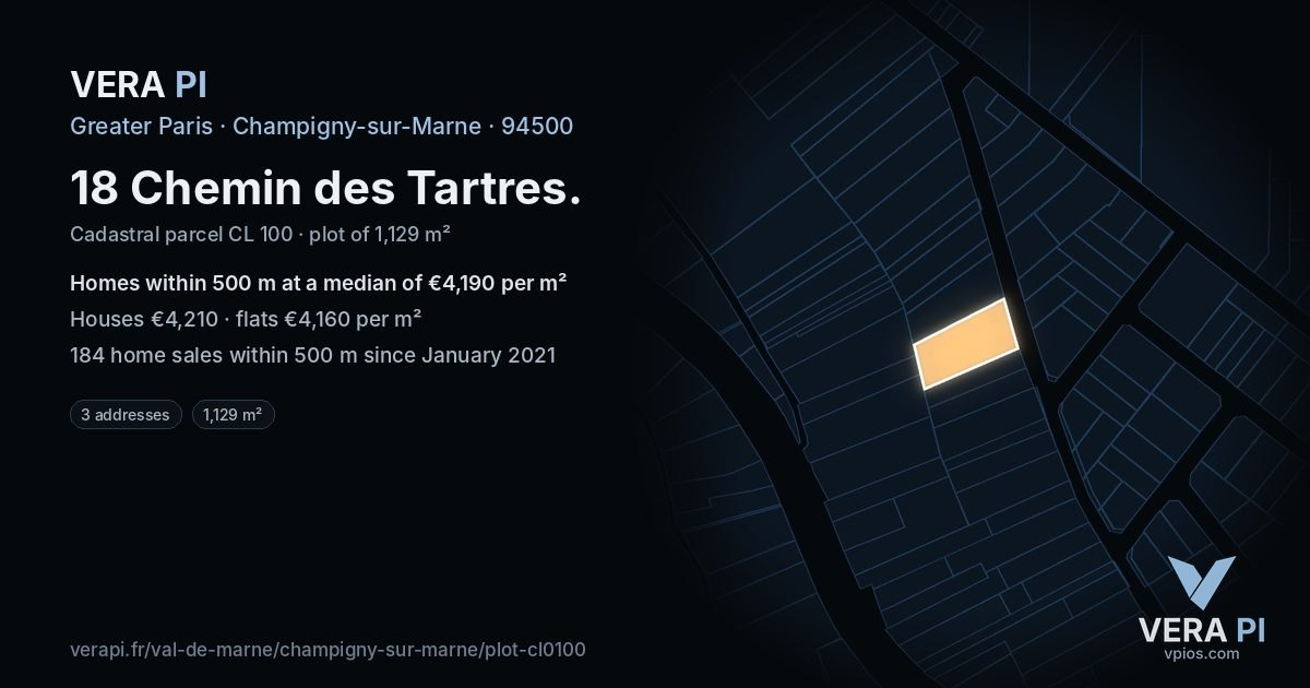 18 Chemin des Tartres, Champigny-sur-Marne at night – the plot lit, the parcels around coloured by the prices near them