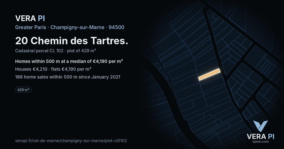 20 Chemin des Tartres, Champigny-sur-Marne at night – the plot lit, the parcels around coloured by the prices near them