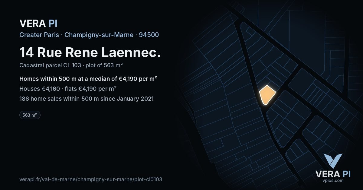 14 Rue Rene Laennec, Champigny-sur-Marne at night – the plot lit, the parcels around coloured by the prices near them