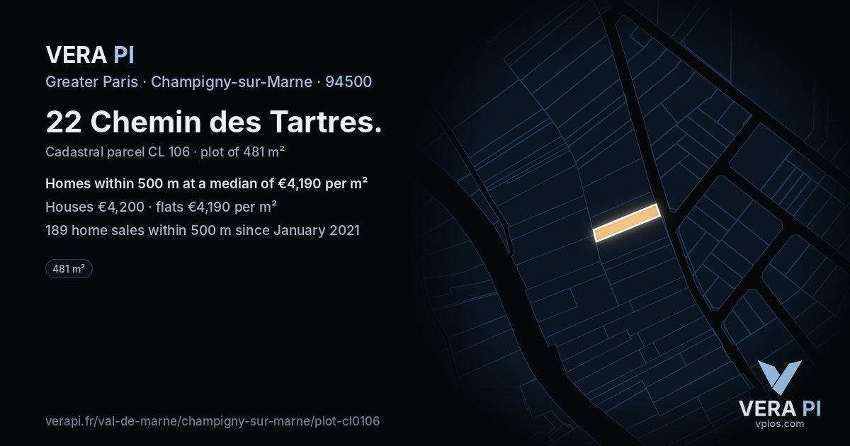 22 Chemin des Tartres, Champigny-sur-Marne at night – the plot lit, the parcels around coloured by the prices near them
