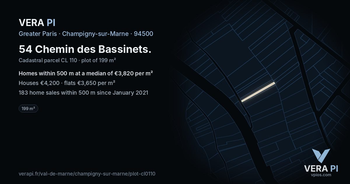 54 Chemin des Bassinets, Champigny-sur-Marne at night – the plot lit, the parcels around coloured by the prices near them