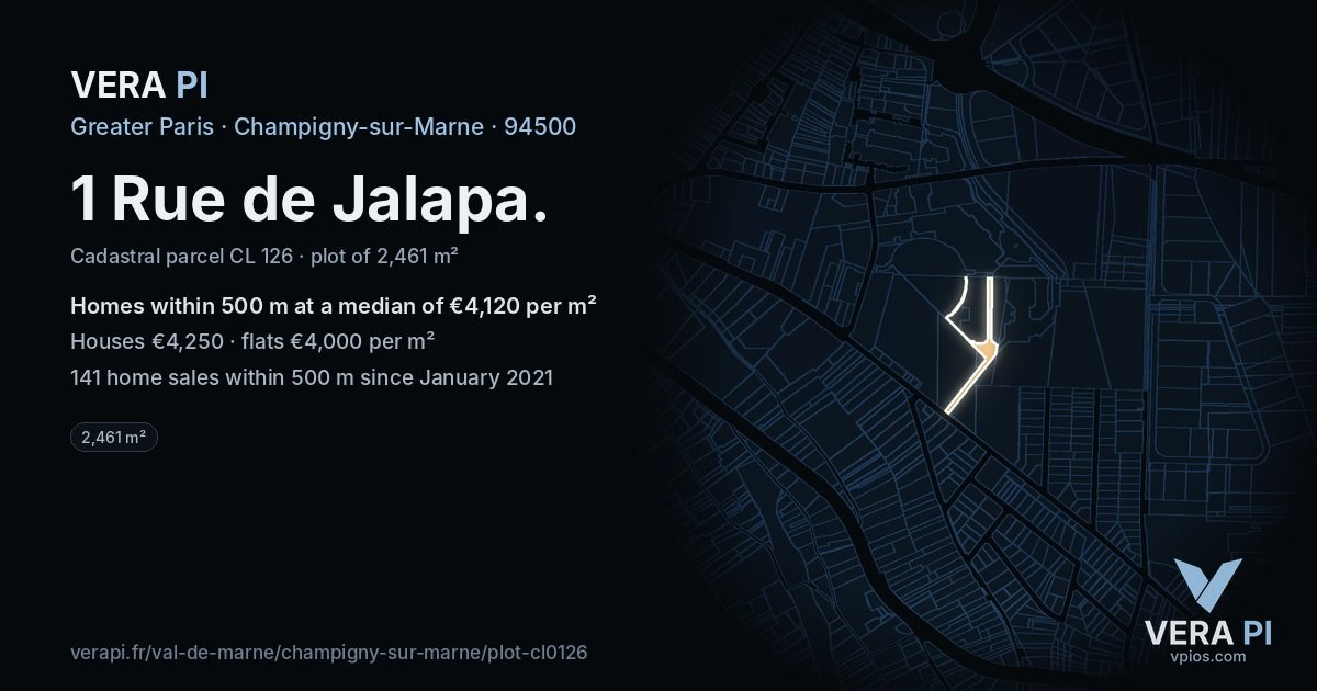 1 Rue de Jalapa, Champigny-sur-Marne at night – the plot lit, the parcels around coloured by the prices near them