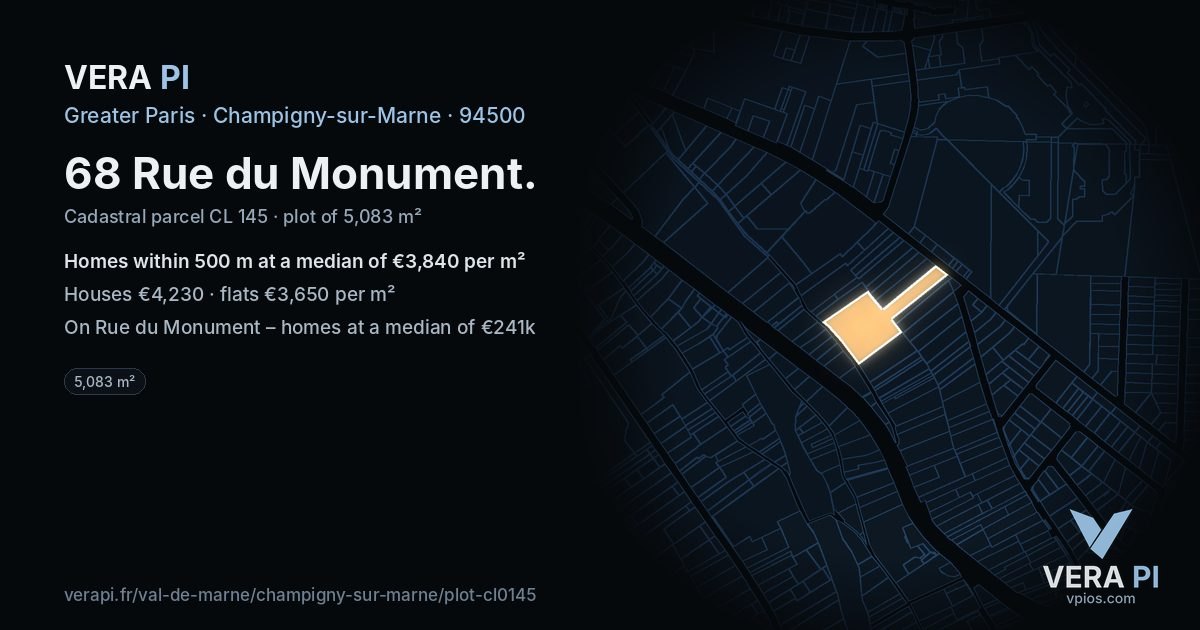 68 Rue du Monument, Champigny-sur-Marne at night – the plot lit, the parcels around coloured by the prices near them