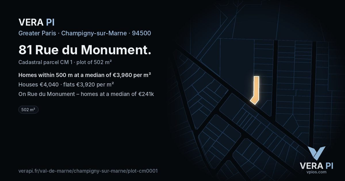 81 Rue du Monument, Champigny-sur-Marne at night – the plot lit, the parcels around coloured by the prices near them