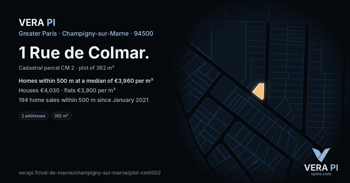 1 Rue de Colmar, Champigny-sur-Marne at night – the plot lit, the parcels around coloured by the prices near them