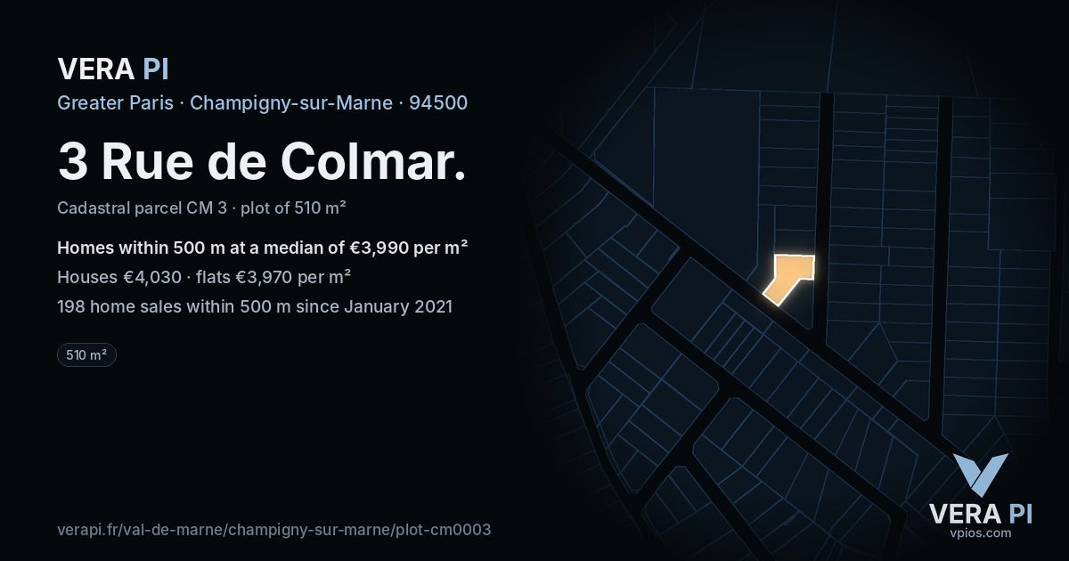 3 Rue de Colmar, Champigny-sur-Marne at night – the plot lit, the parcels around coloured by the prices near them