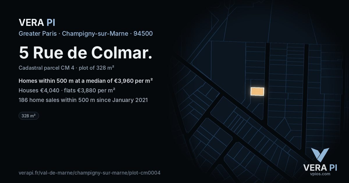 5 Rue de Colmar, Champigny-sur-Marne at night – the plot lit, the parcels around coloured by the prices near them