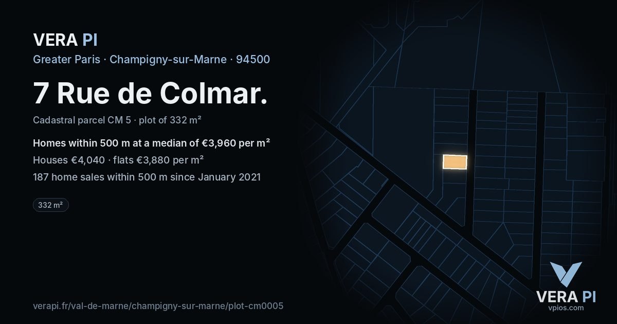 7 Rue de Colmar, Champigny-sur-Marne at night – the plot lit, the parcels around coloured by the prices near them