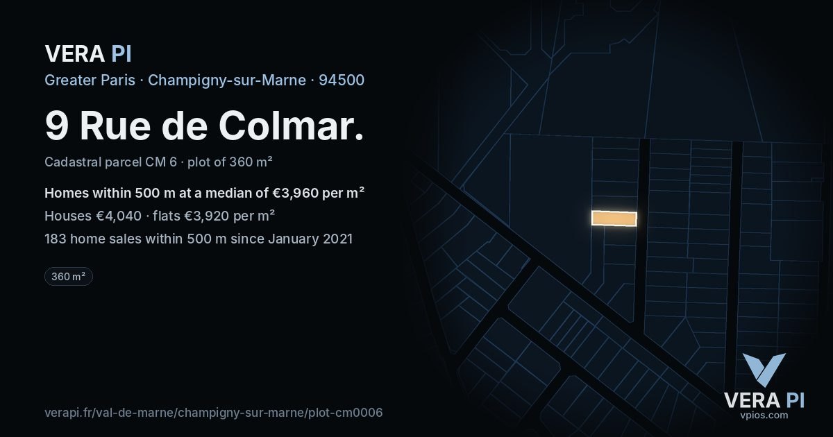 9 Rue de Colmar, Champigny-sur-Marne at night – the plot lit, the parcels around coloured by the prices near them