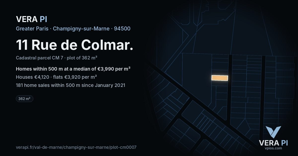 11 Rue de Colmar, Champigny-sur-Marne at night – the plot lit, the parcels around coloured by the prices near them