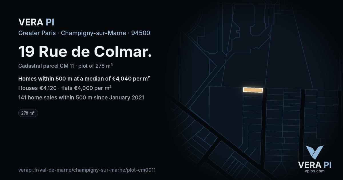 19 Rue de Colmar, Champigny-sur-Marne at night – the plot lit, the parcels around coloured by the prices near them