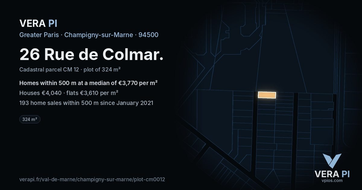 26 Rue de Colmar, Champigny-sur-Marne at night – the plot lit, the parcels around coloured by the prices near them