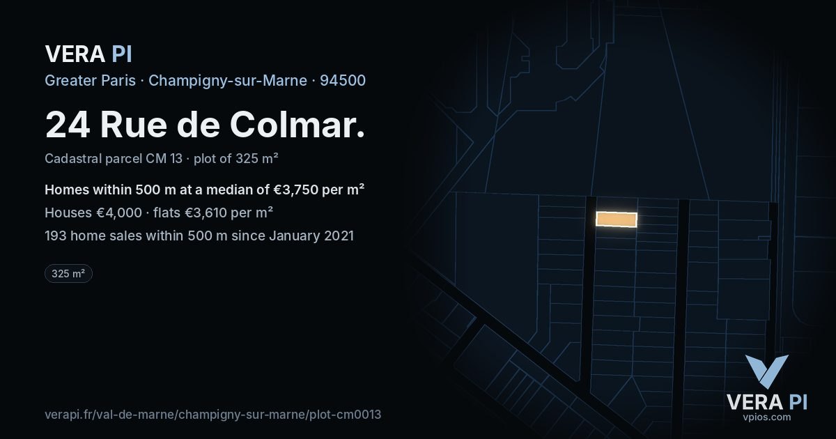 24 Rue de Colmar, Champigny-sur-Marne at night – the plot lit, the parcels around coloured by the prices near them