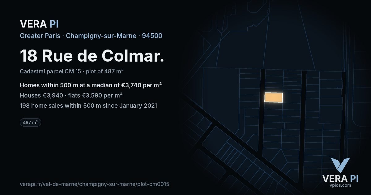 18 Rue de Colmar, Champigny-sur-Marne at night – the plot lit, the parcels around coloured by the prices near them
