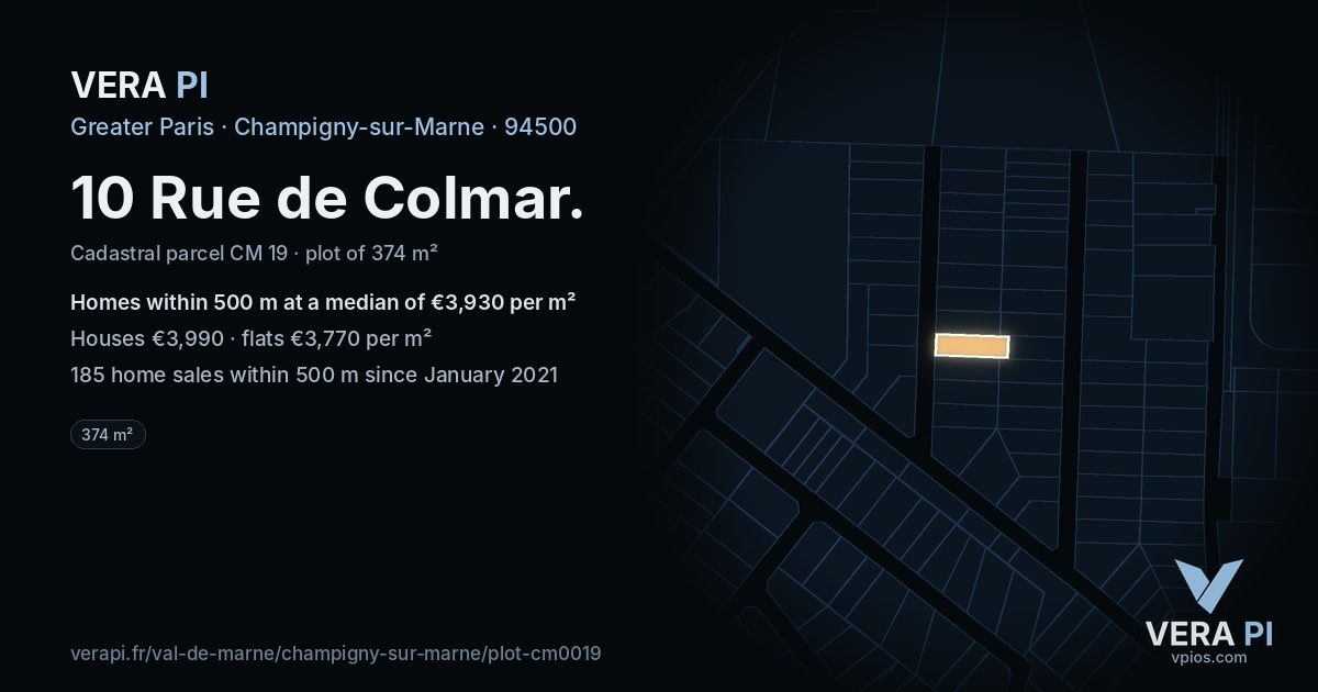 10 Rue de Colmar, Champigny-sur-Marne at night – the plot lit, the parcels around coloured by the prices near them