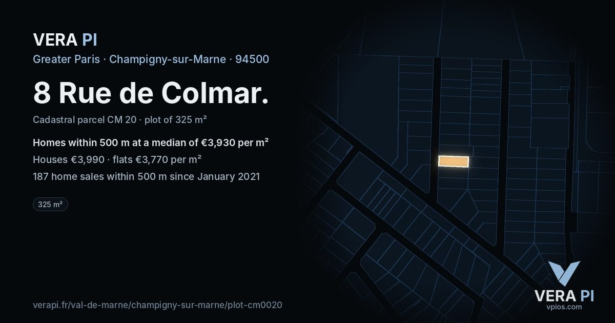8 Rue de Colmar, Champigny-sur-Marne at night – the plot lit, the parcels around coloured by the prices near them