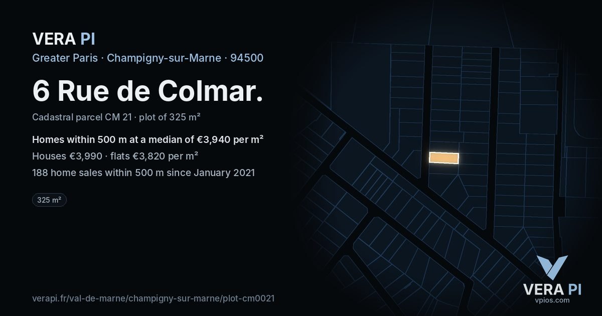 6 Rue de Colmar, Champigny-sur-Marne at night – the plot lit, the parcels around coloured by the prices near them